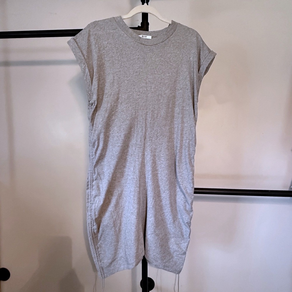 Renvy Gray Cotton Ruched Side Drawstring T-Shirt Dress Large Cap Sleeve Mini